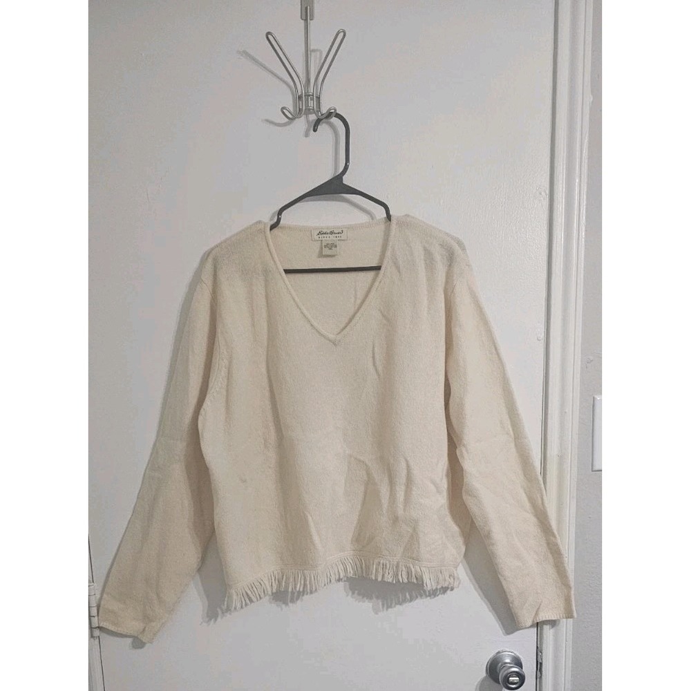 Eddie Bauer Womens Wool Cropped Pullover Sweater XXL 2XL Beige Fringe Preppy
